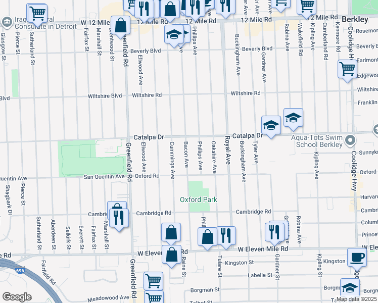 map of restaurants, bars, coffee shops, grocery stores, and more near 2482 Bacon Avenue in Berkley