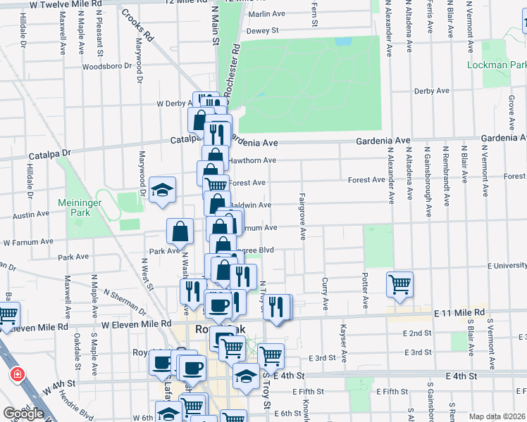 map of restaurants, bars, coffee shops, grocery stores, and more near 226 Baldwin Avenue in Royal Oak