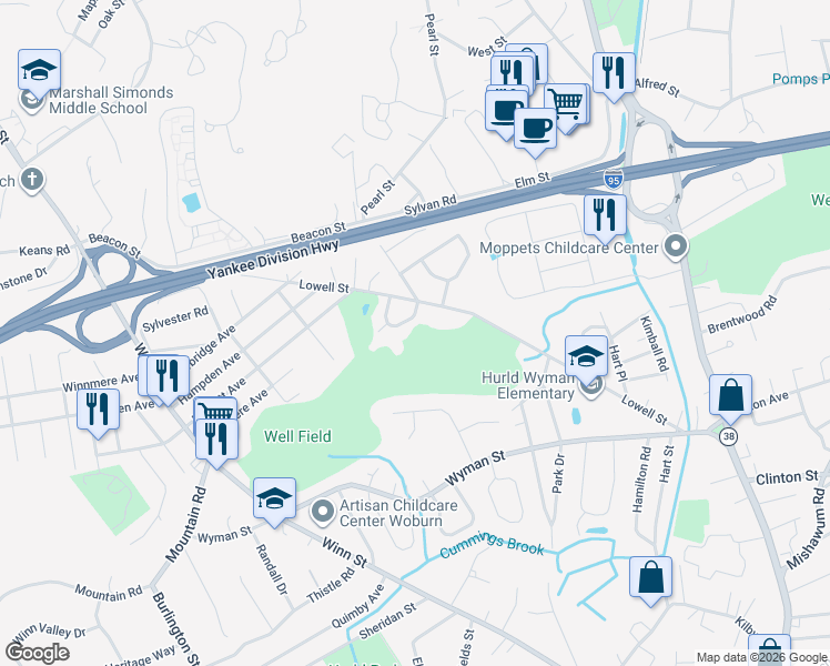map of restaurants, bars, coffee shops, grocery stores, and more near 17 Darling Drive in Woburn