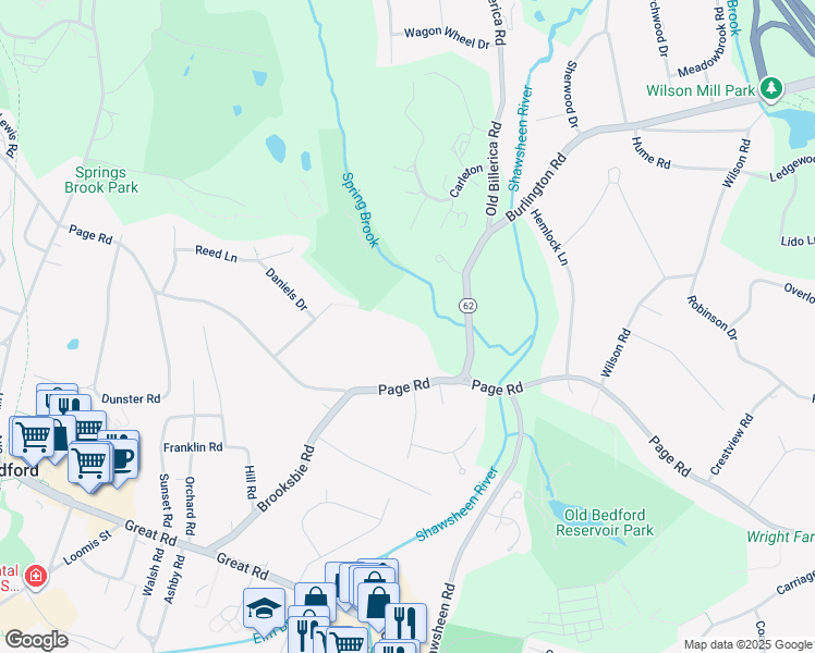 map of restaurants, bars, coffee shops, grocery stores, and more near 14 Old Billerica Road in Bedford