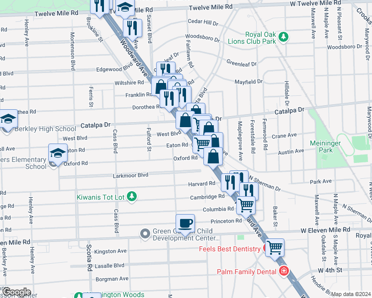 map of restaurants, bars, coffee shops, grocery stores, and more near 27799 Woodward Avenue in Berkley
