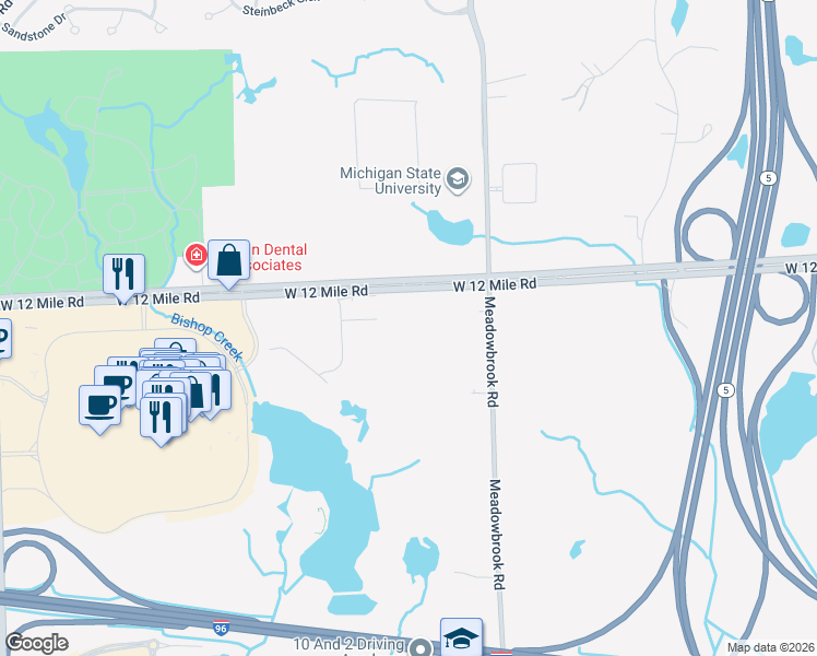 map of restaurants, bars, coffee shops, grocery stores, and more near 41401-41785 Twelve Mile Road in Novi