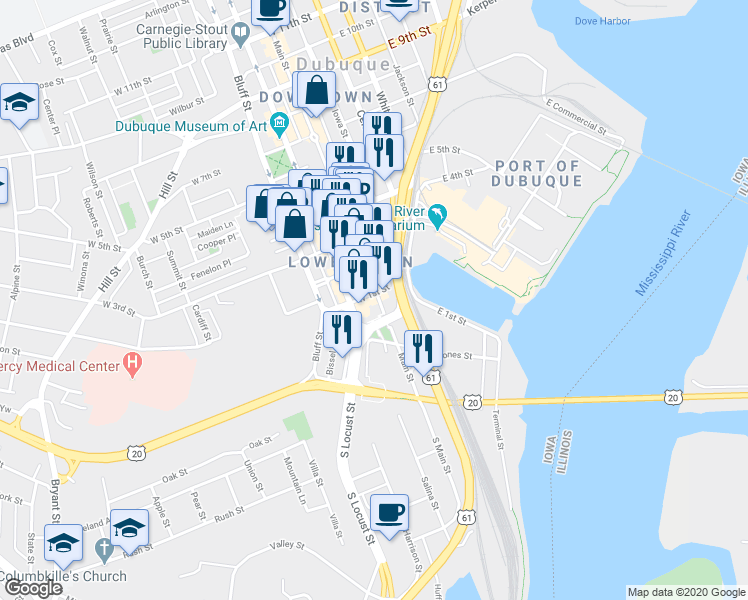 map of restaurants, bars, coffee shops, grocery stores, and more near 80 Main Street in Dubuque