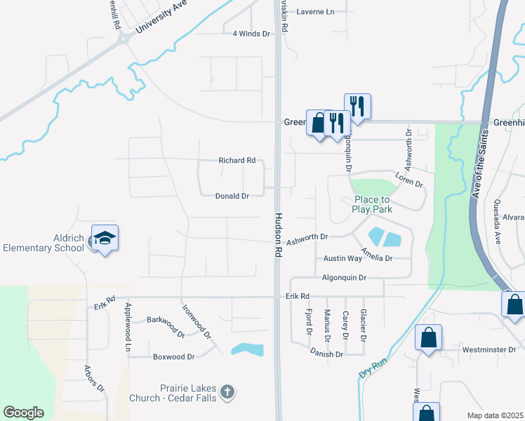 map of restaurants, bars, coffee shops, grocery stores, and more near 4716 Donald Drive in Cedar Falls
