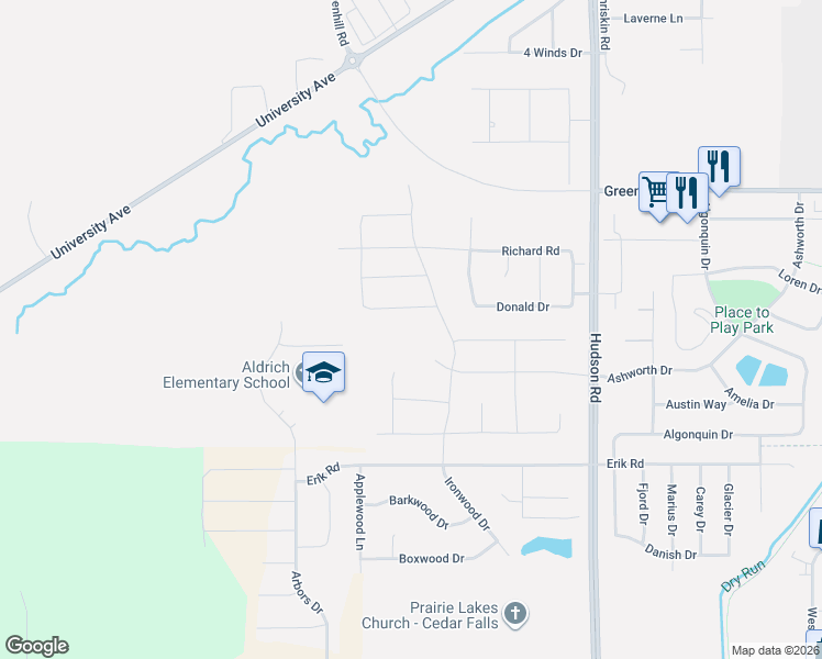 map of restaurants, bars, coffee shops, grocery stores, and more near 1999 Donald Dr in Cedar Falls