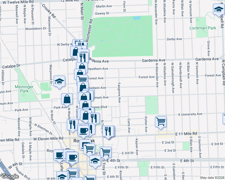 map of restaurants, bars, coffee shops, grocery stores, and more near 320 Baldwin Avenue in Royal Oak