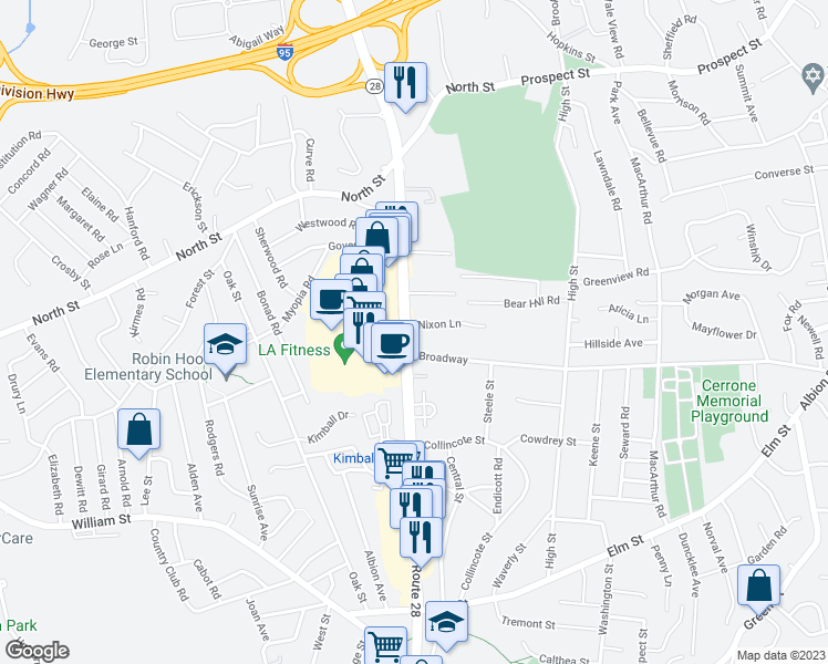 map of restaurants, bars, coffee shops, grocery stores, and more near 106 Main Street in Stoneham