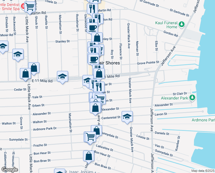 map of restaurants, bars, coffee shops, grocery stores, and more near 21614 Cedar St in St Clair Shores