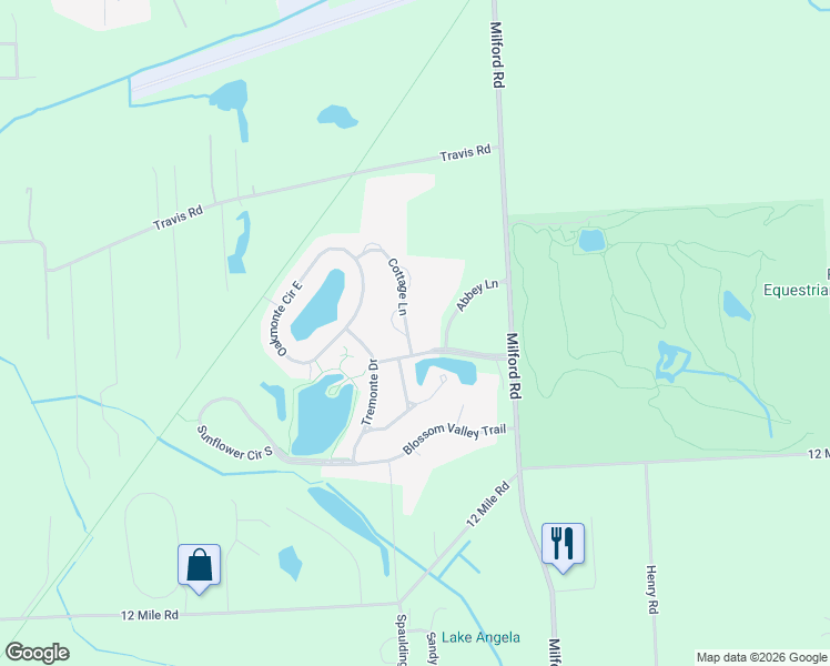 map of restaurants, bars, coffee shops, grocery stores, and more near 28319 Cottage Lane in Lyon Charter Township