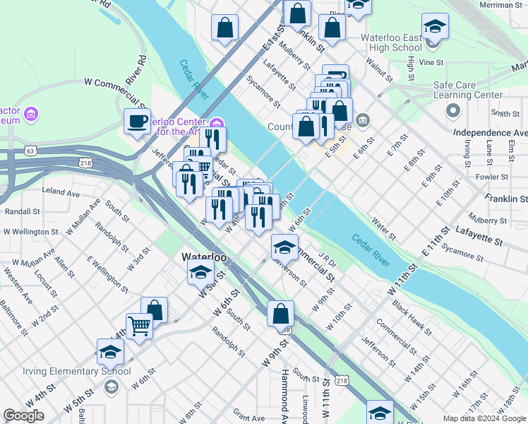 map of restaurants, bars, coffee shops, grocery stores, and more near 194 West 5th Street in Waterloo