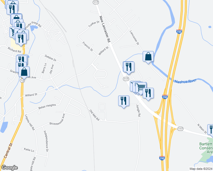 map of restaurants, bars, coffee shops, grocery stores, and more near 209 Bayberry Hill Lane in Leominster