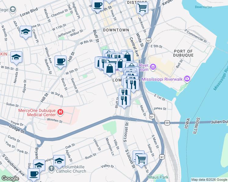 map of restaurants, bars, coffee shops, grocery stores, and more near 205 Bluff Street in Dubuque