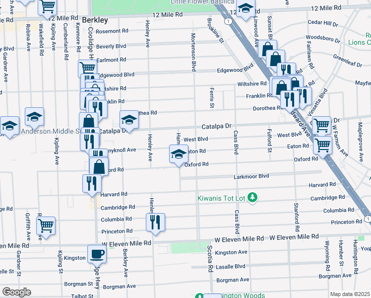 map of restaurants, bars, coffee shops, grocery stores, and more near 2433 Mortenson Boulevard in Berkley