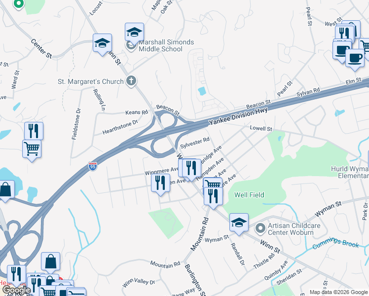 map of restaurants, bars, coffee shops, grocery stores, and more near 1 Sylvester Road in Burlington