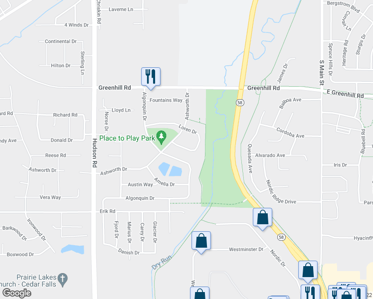 map of restaurants, bars, coffee shops, grocery stores, and more near 1205 Amelia Drive in Cedar Falls