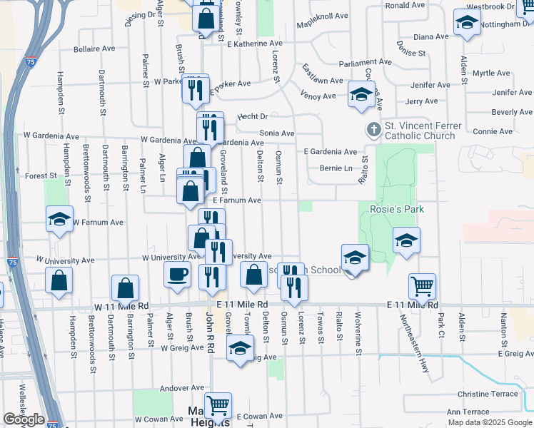 map of restaurants, bars, coffee shops, grocery stores, and more near 27432 Delton Street in Madison Heights