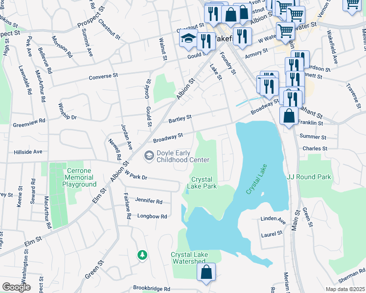 map of restaurants, bars, coffee shops, grocery stores, and more near 80 Plymouth Road in Wakefield