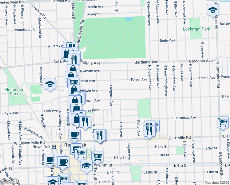map of restaurants, bars, coffee shops, grocery stores, and more near 508 Baldwin Avenue in Royal Oak