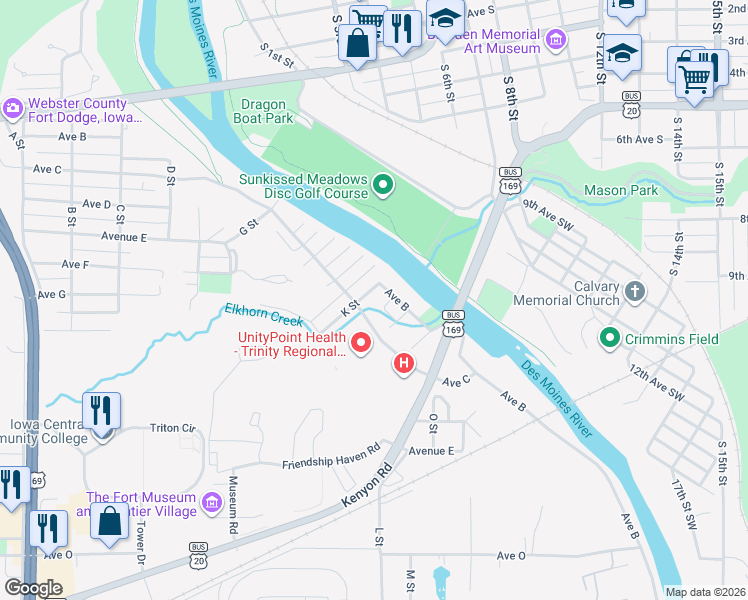 map of restaurants, bars, coffee shops, grocery stores, and more near 213 K Street in Fort Dodge