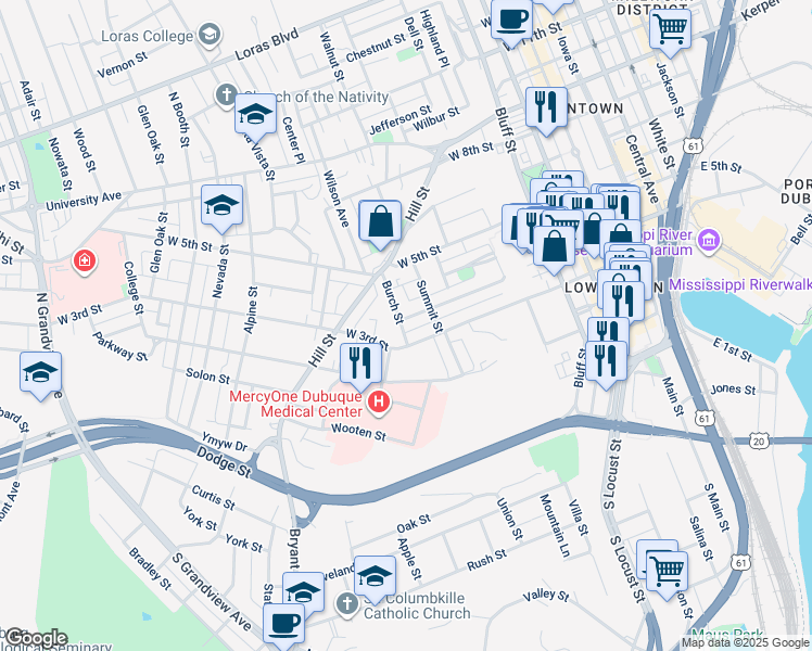 map of restaurants, bars, coffee shops, grocery stores, and more near 360 Burch Street in Dubuque