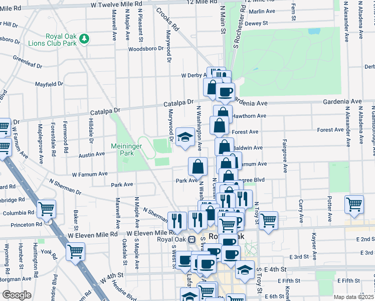 map of restaurants, bars, coffee shops, grocery stores, and more near 709 North Washington Avenue in Royal Oak