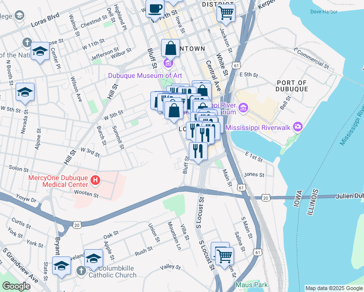 map of restaurants, bars, coffee shops, grocery stores, and more near 205 Bluff Street in Dubuque