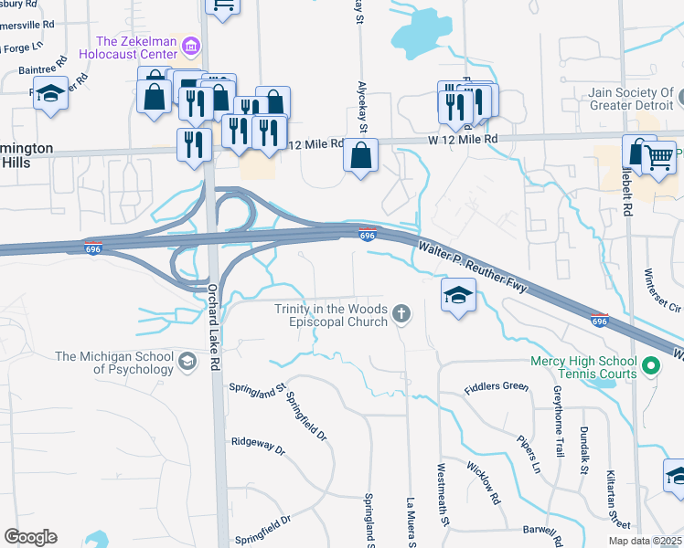 map of restaurants, bars, coffee shops, grocery stores, and more near 27276 Bramwell Street in Farmington Hills