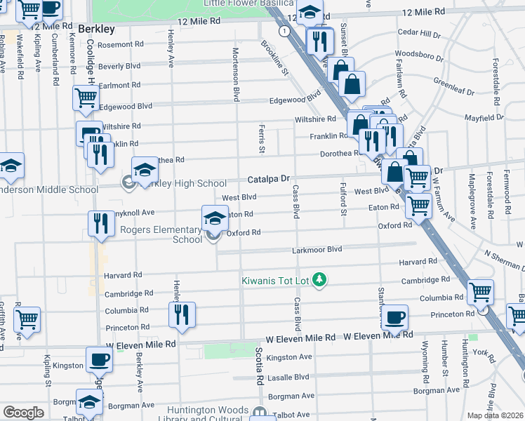 map of restaurants, bars, coffee shops, grocery stores, and more near 1674 Eaton Road in Berkley