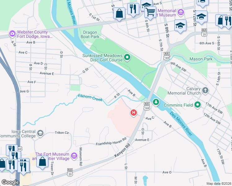 map of restaurants, bars, coffee shops, grocery stores, and more near 1001-1051 Ave C in Fort Dodge