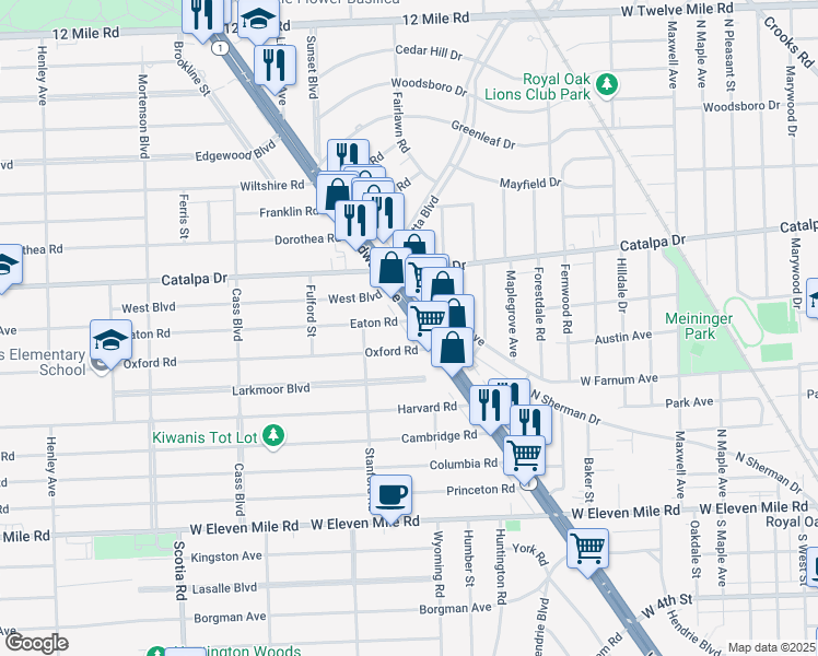 map of restaurants, bars, coffee shops, grocery stores, and more near 27799 Woodward Avenue in Berkley