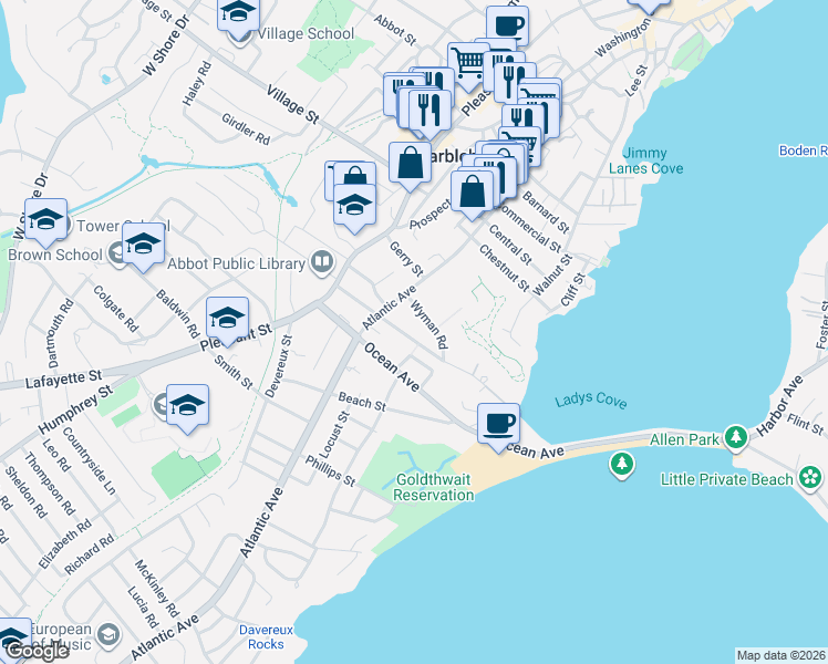 map of restaurants, bars, coffee shops, grocery stores, and more near 32 Bubier Road in Marblehead