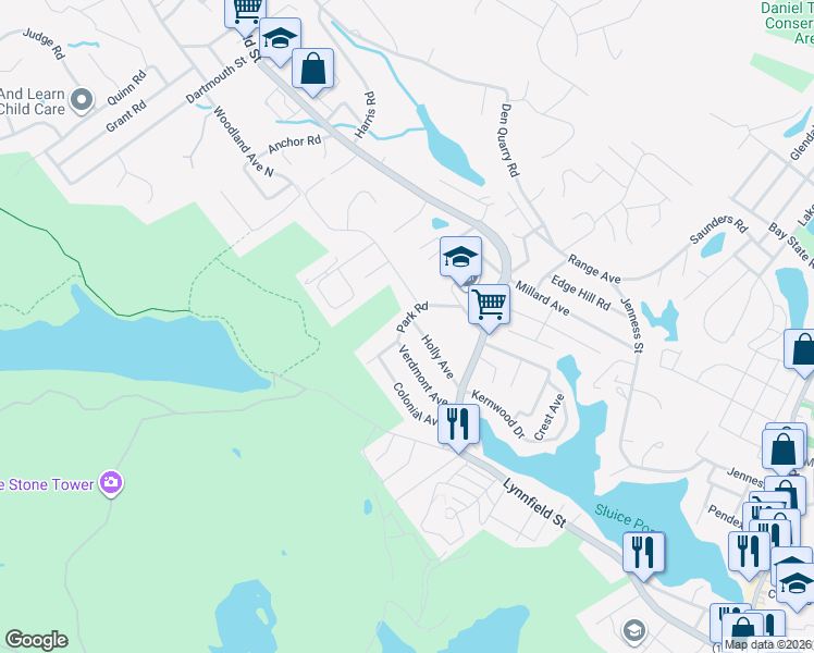 map of restaurants, bars, coffee shops, grocery stores, and more near 40 Park Road in Lynn