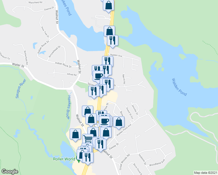 map of restaurants, bars, coffee shops, grocery stores, and more near 13 Hawkes Street in Saugus