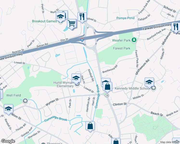 map of restaurants, bars, coffee shops, grocery stores, and more near 6 Kimball Road in Woburn