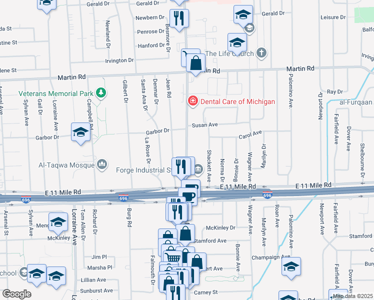 map of restaurants, bars, coffee shops, grocery stores, and more near 27259 Hoover Road in Warren