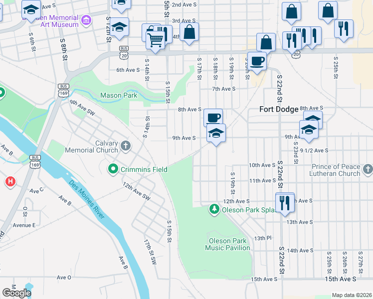map of restaurants, bars, coffee shops, grocery stores, and more near 921 South 16th Street in Fort Dodge