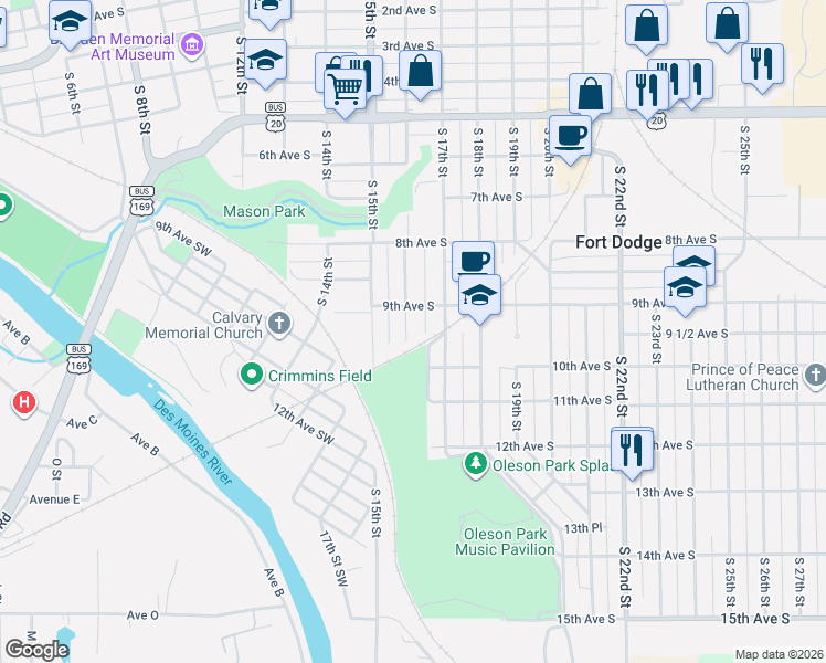map of restaurants, bars, coffee shops, grocery stores, and more near 921 South 16th Street in Fort Dodge