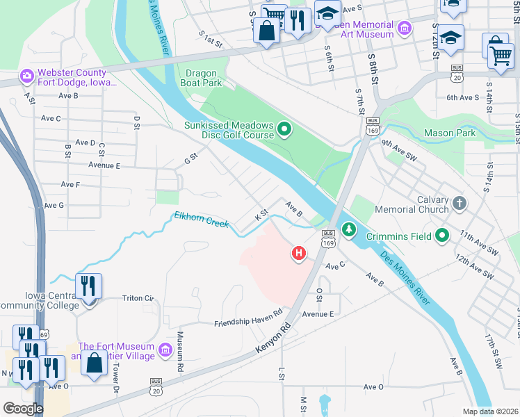 map of restaurants, bars, coffee shops, grocery stores, and more near 1001-1051 Ave C in Fort Dodge