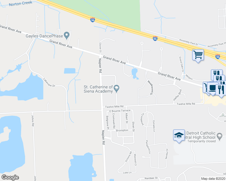 map of restaurants, bars, coffee shops, grocery stores, and more near 28200 Napier Road in Wixom