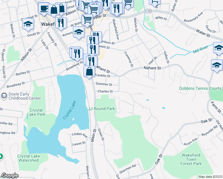 map of restaurants, bars, coffee shops, grocery stores, and more near 21 Charles Street in Wakefield