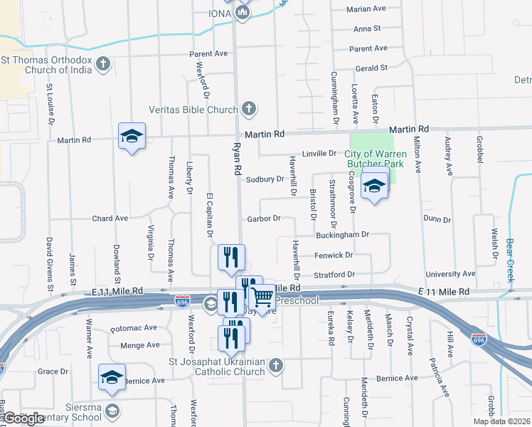 map of restaurants, bars, coffee shops, grocery stores, and more near 4203 Garbor Dr in Warren