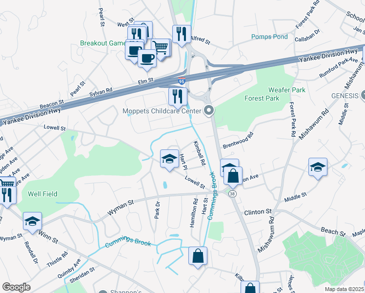map of restaurants, bars, coffee shops, grocery stores, and more near 1 Colony Road in Woburn