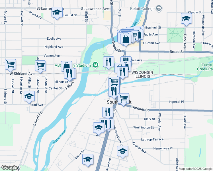 map of restaurants, bars, coffee shops, grocery stores, and more near 128 Blackhawk Boulevard in South Beloit