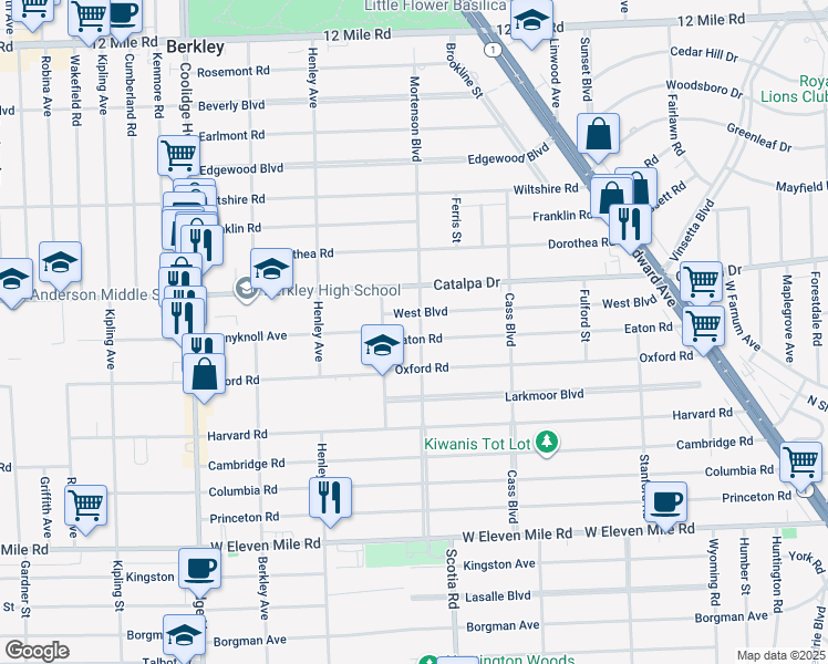 map of restaurants, bars, coffee shops, grocery stores, and more near 2433 Mortenson Boulevard in Berkley
