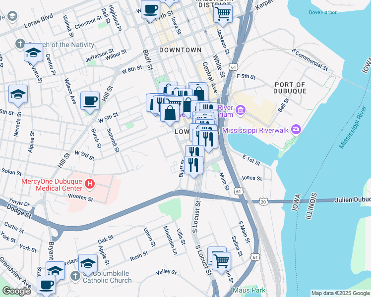 map of restaurants, bars, coffee shops, grocery stores, and more near 156 Bluff Street in Dubuque