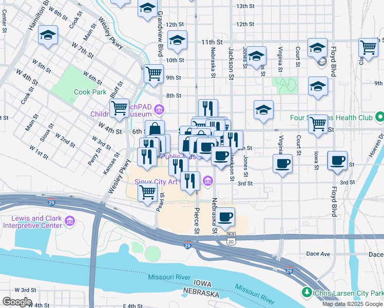 map of restaurants, bars, coffee shops, grocery stores, and more near 421 Pierce Street in Sioux City