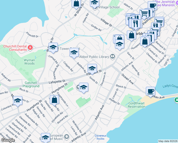map of restaurants, bars, coffee shops, grocery stores, and more near 271 Pleasant Street in Marblehead