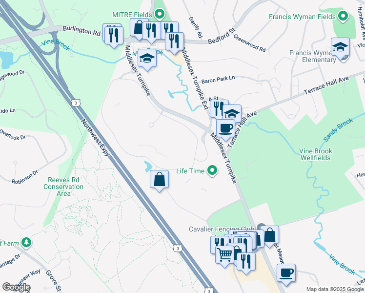 map of restaurants, bars, coffee shops, grocery stores, and more near 25 Network Drive in Burlington