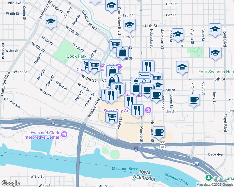 map of restaurants, bars, coffee shops, grocery stores, and more near 419 Pearl Street in Sioux City