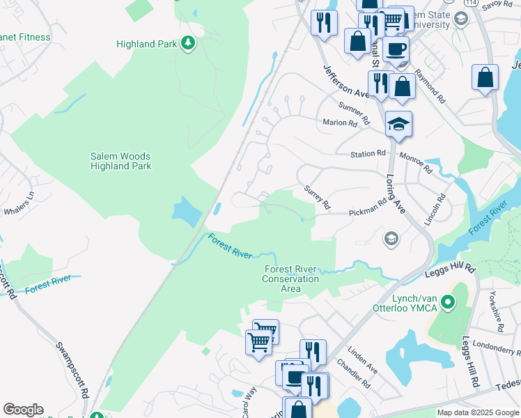map of restaurants, bars, coffee shops, grocery stores, and more near 56 Pickman Road in Salem